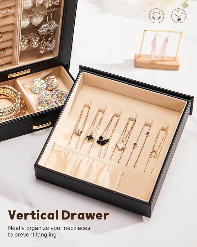 Homde Mothers Day Gifts Jewelry Organizer Girls Women Jewelry Box for Necklaces Rings Earrings Gift Bracelets Storage Case (Black + Gold)