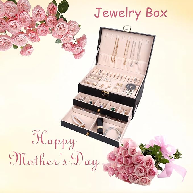 Jewelry Organizer Box for Women, Large Jewelry Organizer with Lock, 3 Tier Storage Box with Velvet Lining, 2 Drawers, Necklace Hooks, Ring Rolls