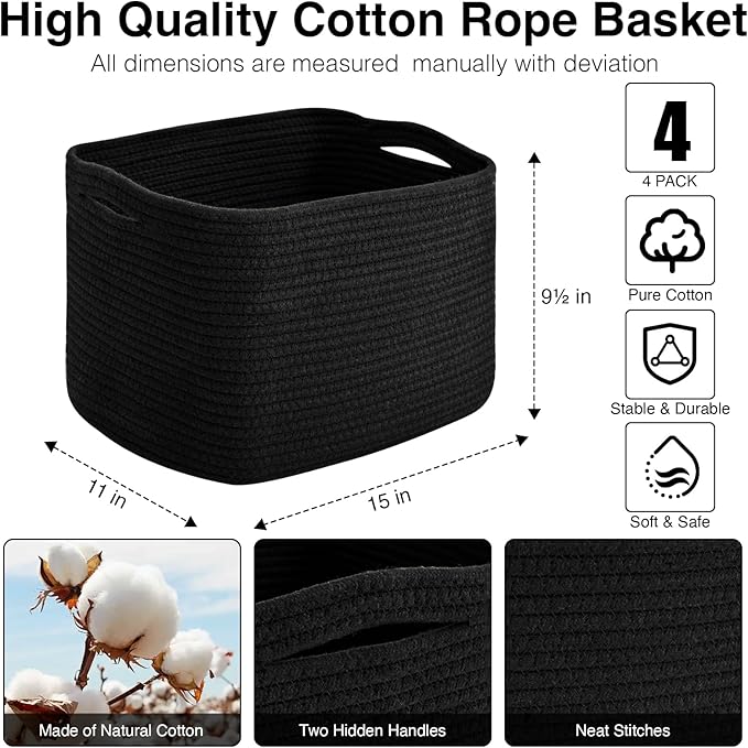 ICERZCZ Storage Baskets for Organizing & Shelves, Woven Cotton Rope Organization Bins for Dog Toys, Clothes, Books, Nursery Organizer, 15" Lx11''Wx9.5''H, (4 Packs) Black