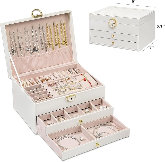 GUOER Jewelry Box for Women Girl Wife 3 Layers Large PU Leather Jewelry Organizer Storage Case with Two drawers Display for Earrings Bracelets Rings Watches Mother's Day (White)
