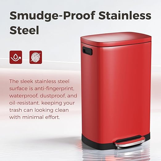 ELPHECO LPHECO Kitchen Trash Can with Lid Soft Close, 13 Gallon / 50L Stainless Steel Pedal Garbage Can, Heavy-Duty Step Wastebasket with 20 Bags, Removable Bucket, Home Office, Kitchen, Scarlet Red