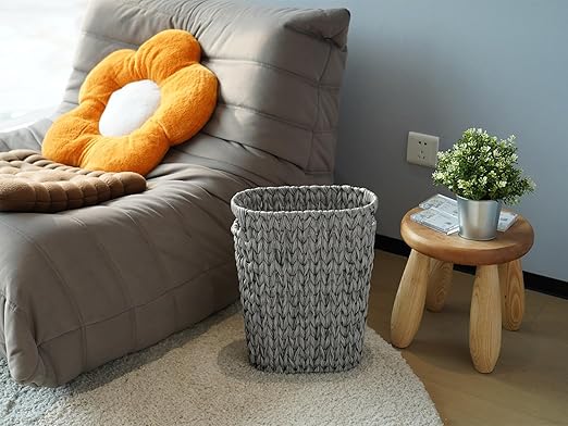 Coeusy 5 Gallon Wicker Trash Can,Wicker Bathroom Trash Can with Handles,Handwoven Waste Basket Waterproof Narrow Small Garbage Can for Bedroom,Bathroom,Office,Grey/20 Liters