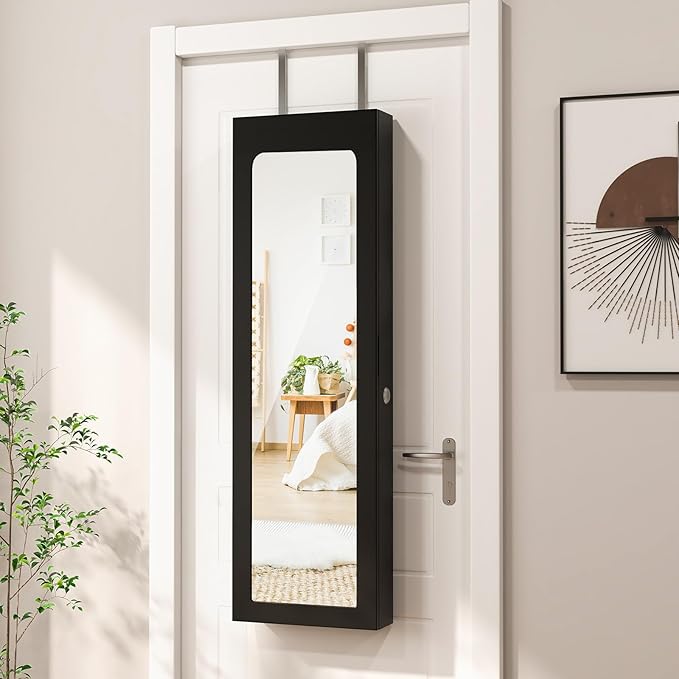 Giantex Wall Door Mounted Jewelry Cabinet with Full Length Mirror, Lockable Over Door Jewelry Armoire with LED Lights, 47.5" Large Jewelry Storage Organizer with 6 Drawers, Black
