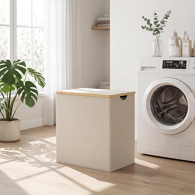 efluky Laundry Hamper with Lid, Double Laundry Hamper with 2 Removable Bags, 2 Section Laundry Basket with Bamboo Handles for Bathroom, Bedroom & Laundry Room, 140L (36.9 Gallon) Beige