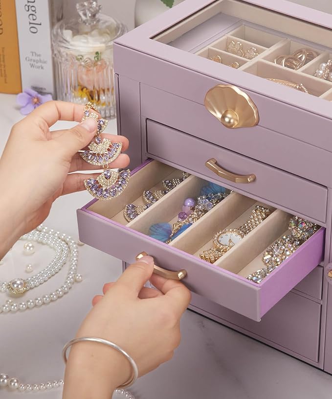 Enthralite Jewelry Box with 4 Drawers : Jewelry Display Organizer for Earrings Necklaces - Gift for Girls Women | Grey Purple