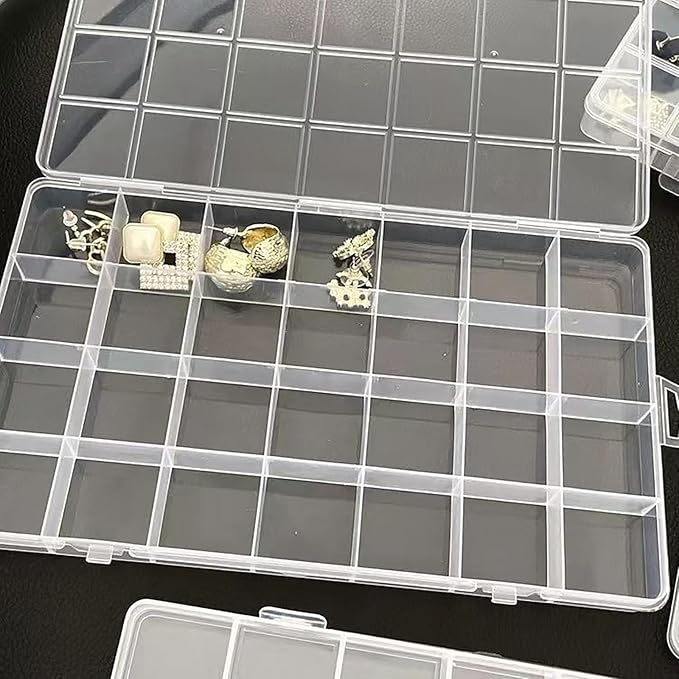 Yansanido 24 Grids Jewelry Organizer, 2 Pcs 7.5 In x 5.2 In Fixed Clear Plastic Storage Box Earring Tool Small Items Containers (2)