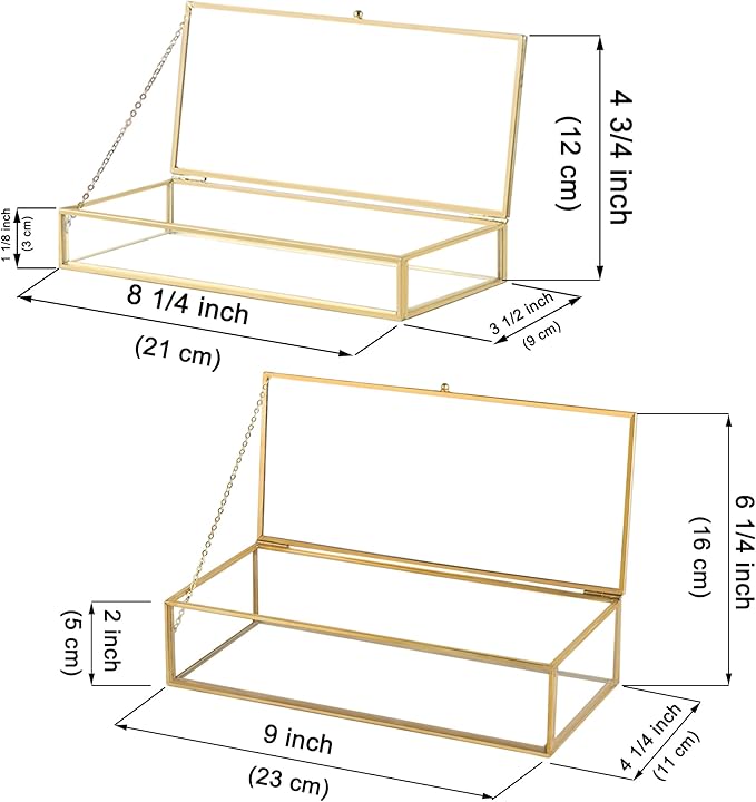 Glass Jewelry Box Set, 2pcs Vintage Rectangle Gold Keepsake Boxes Lipstick Organizer Box Vanity Lidded Box Home Decor Accent Decorative Box for Storage Trinket Rings Bracelet1