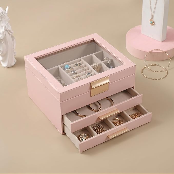 Somduy Jewelry Box Organizer for Women,3 Layers Jewelry Storage Display Box with Glass Lid,Gift for Christmas,3 Drawers,Large Capacity for Necklace Earrings Bracelets Rings,Pink