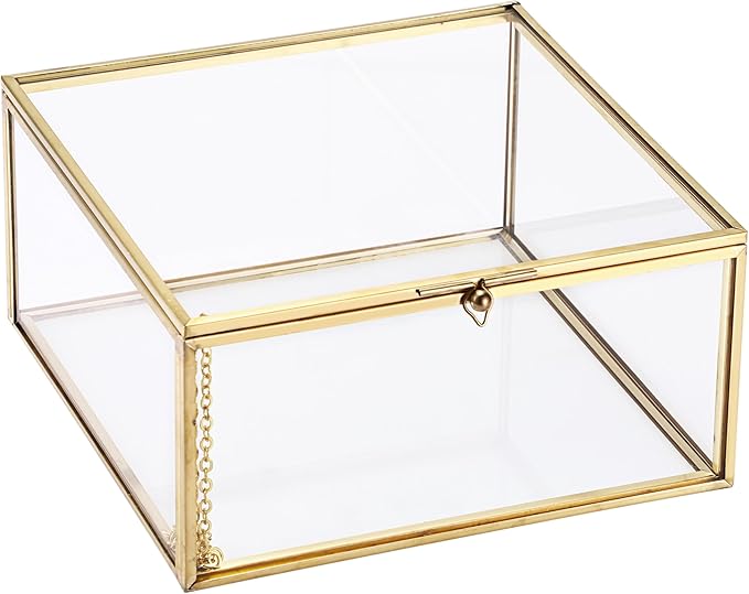 Hipiwe Vintage Glass Jewelry Organizer Box - Golden Metal Keepsake Box Desktop Jewelry Organizer Holder Wedding Birthday Gift Square Vanity Decorative Box for Dresser,6.3"x 6.3"x 3.35"