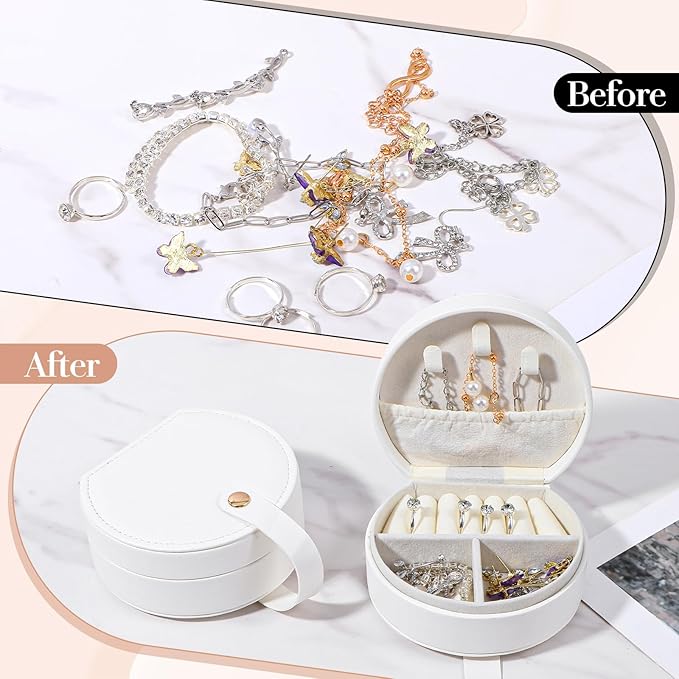 6 Pack Travel Jewelry Case, Mini Leather Bridesmaid Jewelry Gift Box Bulk, Half Moon Design, Detachable Handle, Small Earring Storage Organizer for Women Girls Bridesmaid Proposal Gifts (White)