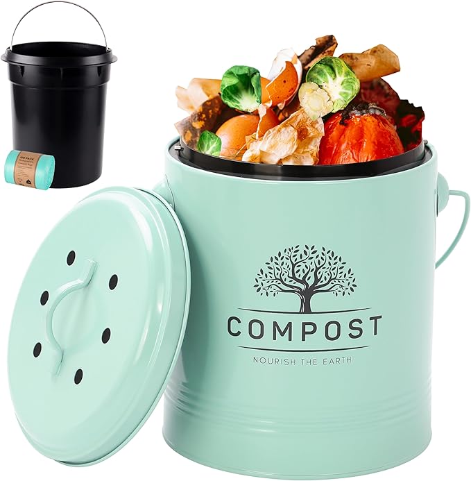Perfnique Kitchen Compost Bin, 1.3 Gallon Countertop Compost Bin with Lid, Indoor Compost Bucket Includes Inner Bucket Liner and Carbon Filter, Small Compost Bin with Trash Bags (with Bags, Mint)