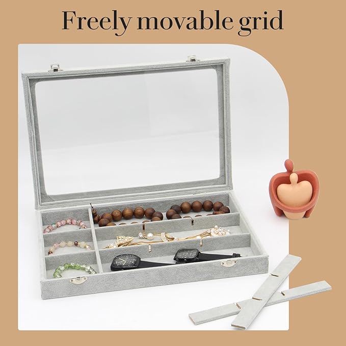 KOOAAICCHI Jewelry Organizer Bracelet Organizer Storage Box 12 Grid Stackable Jewelry Tray with Lid Velvet Jewelry Box Case Organizer for Home Drawer Desk or Store Selling Show(Velvet Grey)