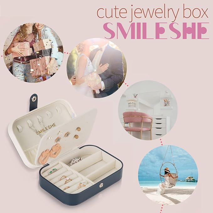 Smileshe Jewelry Box, PU Leather Small Portable Travel Case, 2 Layers Organizer Display Storage Holder Boxes for Rings Earrings Necklaces Bracelets