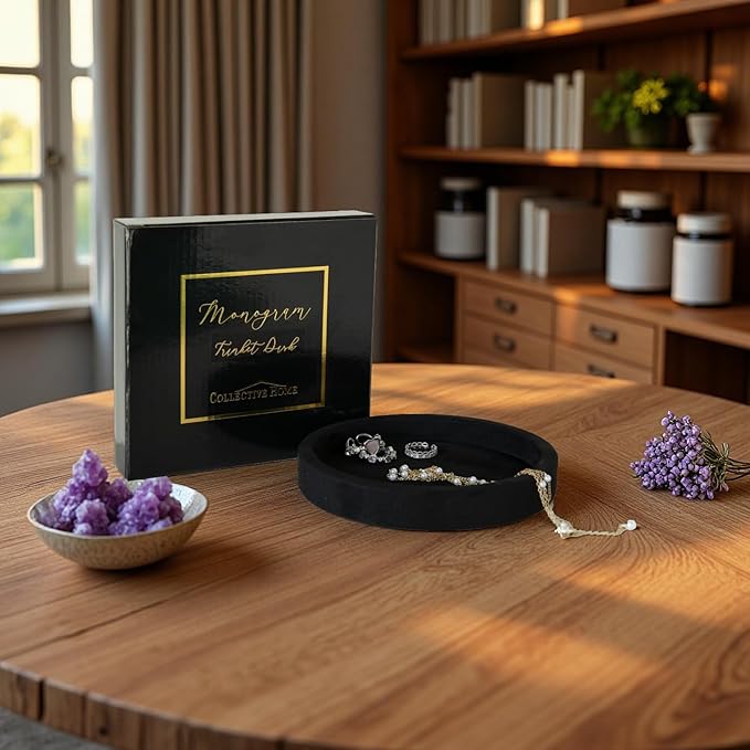 COLLECTIVE HOME - Velvet Jewelry Tray, 6" Monogrammed Jewelry Dish, Smooth Velour Display Dish for Rings, Earrings, Necklaces, Makeup, Personalized Gifts for Women (Black-y)