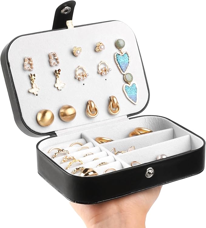 OceeK Travel Jewelry Box,Travel Jewelry Case for Girls Women Mothers, Jewelry Organizer Case, PU Leather Black,1 Pack