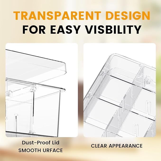Socks Bra Underwear Drawer Organizer for Closet, 2 PCS Plastic Storage Box with 9 Removable Compartments and Lid, Clear Dresser Drawer Organizer Storage Container with Dividers for Sock Ties Belts