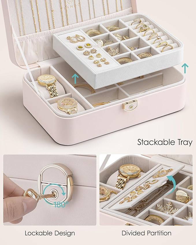 VLANDO 2 Layer Jewelry Box,Jewelry Organizer Storage Lockable Earring Organizer Removable Jewelry Tray with Watch Pillow for Neckable Ring Bracelets-Apricot Pink