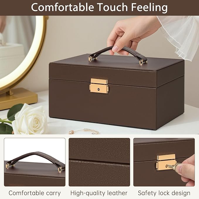AKOZLIN Travel Jewelry Box Organizer Functional 2-trays Leather Jewelry Storage Case with Lockable Portable for Women Girls Ring Necklace Earring Bracelet