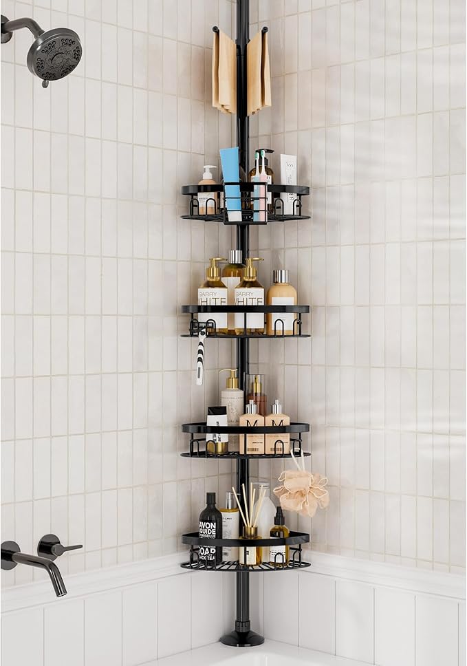 cutefafa Rustproof Corner Shower Caddy Tension Pole, 4 Large Baskets for Bathtub Shampoo Storage Organizer Bathroom Height Adjustable Shelves from 23.6 to 114.5 Inch with Towel Bar