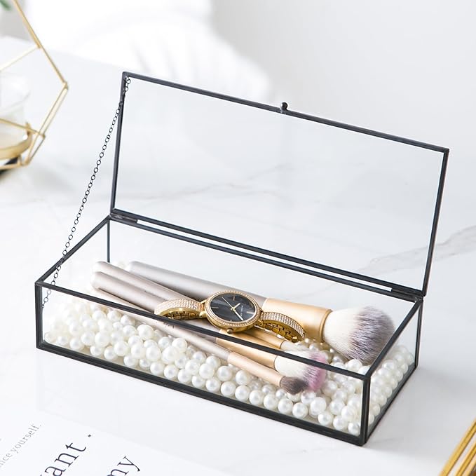 Glass Jewelry Box, Vintage Rectangle Black Keepsake Organizer, Lidded Vanity Accent for Storage, Trinket Rings Bracelet, Home Decor