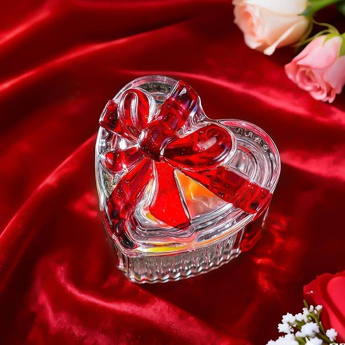 kanpura 2 Pack Glass Heart Shaped Jewelry Box Candy Dish with Lid Ring Earring Trinket Storage Box Vintage Jewelry Organizer Decorative Jar Gifts for Women Girls(Red & Clear)