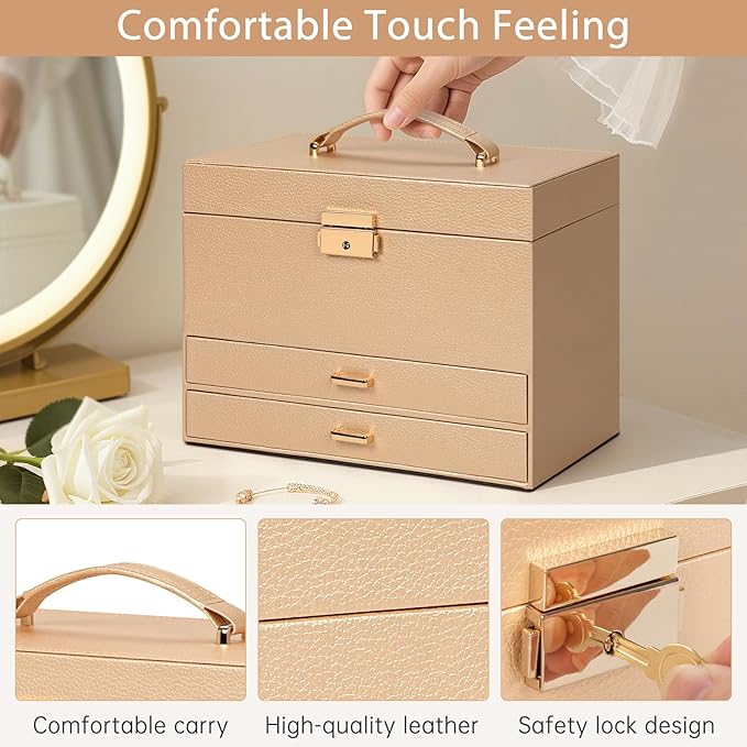 AKOZLIN Travel Jewelry Box Organizer Functional 2-trays Leather Jewelry Storage Case with Lockable Portable 2 Drawers for Women Girls Ring Necklace Earring Bracelet