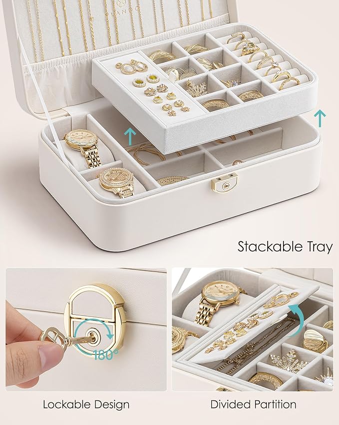 VLANDO 2 Layer Jewelry Box,Jewelry Organizer Storage Lockable Earring Organizer Removable Jewelry Tray with Watch Pillow for Neckable Ring Bracelets-Cream White