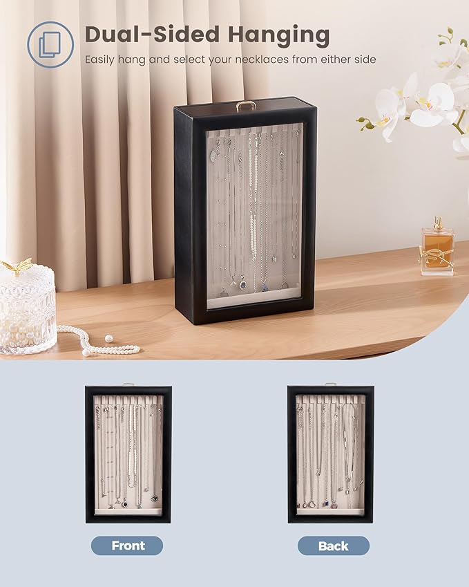 Lolalet Upgraded Double-Sided Hanging Necklace Organizer Box, Jewelry Display Case with Double-Sided Clear Window for Necklaces Bracelets, Tangle-Free Necklace Storage Box, Mothers Day Gift