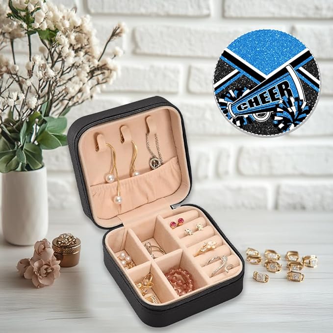 Cheerleader Travel Jewelry Case, Cheer Travel Jewelry Box for Women, Mini Jewelry Travel Case for Cheer Team, Cheerleader Gifts for Girls (Blue)