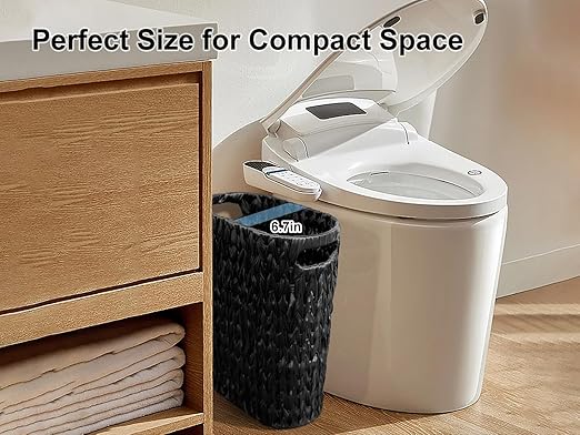 Coeusy 5 Gallon Wicker Trash Can,Black Bathroom Trash Can,Wicker Trash Basket with Handles,Handwoven Small Waste Basket for Bathroom,Bedroom,Kitchen,Office,20 Liters