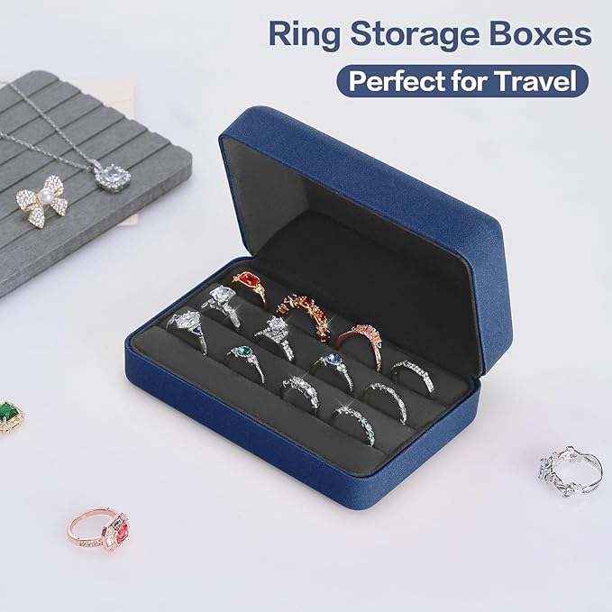KUKUVR Velet Ring Storage Box - Multiple Rings, Travel Jewelry Case, 3 Slot Portable Ring Display Organizer (Blue)