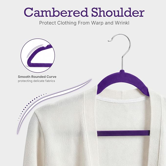 HOUSE DAY Noble-Purple Velvet Hangers 60 Pack, Non Slip Clothes Felt Hanger Heavy Duty for Coat, Premium Slim Space Saving Suit Hangers for Closet Organizer, 360° Rotating Silver Hook
