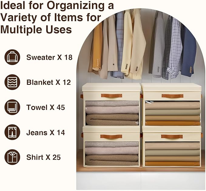 Homsorout Large Storage Bins with Lids - 4 Pack Foldable Decorative Organizers with Clear Windows & Handles, Cube Storage Organizers for Clothes, Blankets, Sweaters, Sheets, Beige