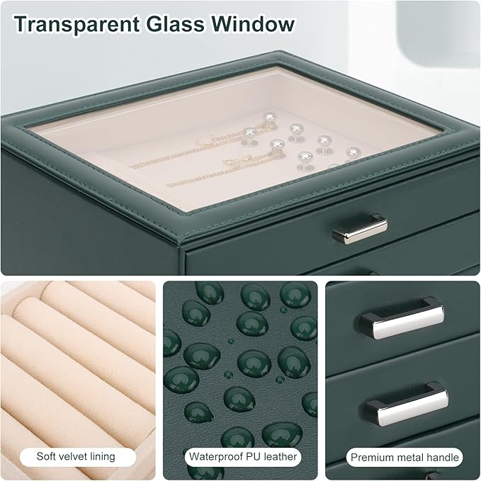 DesignSter Jewelry Box Organizer, Jewelry Box for Women, PU Jewelry Organizer Display Case with Side Drawers, Jewelry Storage for Earring Necklace Ring Bracelet Watch