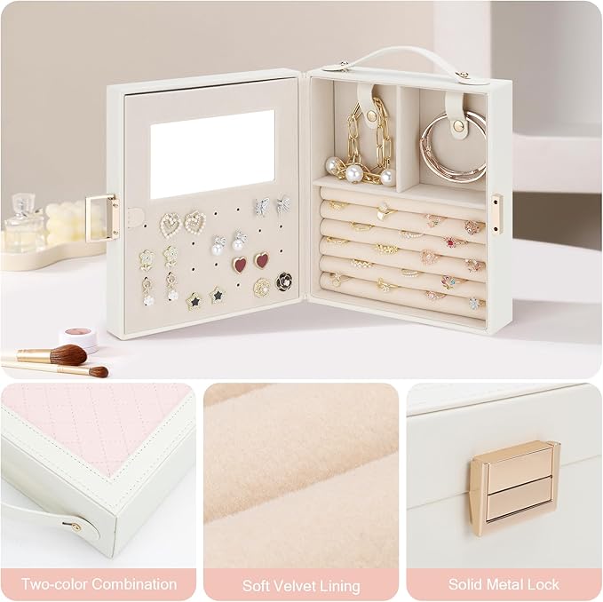 DesignSter Travel Jewelry Case for Woman, Portable Jewelry Travel Box with Mirror, PU Leather Small Jewelry Organizer with Handle for Rings Earrings Bracelets Necklaces(Beige & Pink)