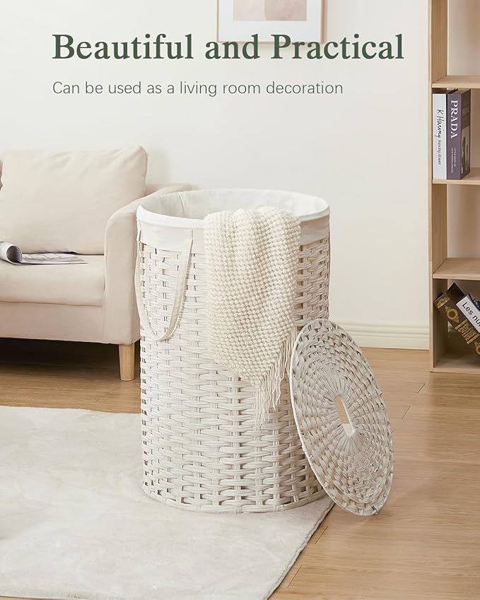 SETVSON Large Laundry Hamper Laundry Basket Round 34.3 Gal (130 L) Handwoven Wicker Laundry Baskets Rattan Laundry Basket with Laundry Bag Handles 2 Mesh Bags for Living Room Bedroom White