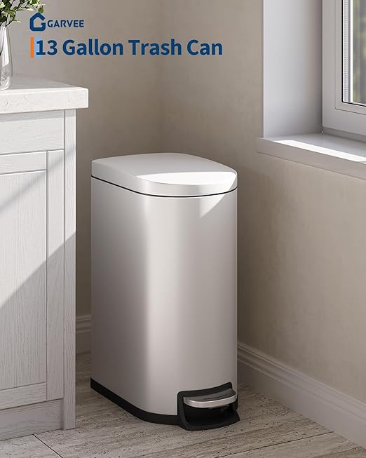 Garvee 13 gal / 50 L Metal Kitchen Trash Can with Lid, Slim Rustproof Garbage Can, Large Step-on Trash Bin with Inner Bucket, Rear Handle, Soft Close Lid, White