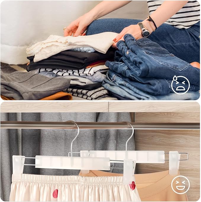 GUANJUNE Clothes Pants Hangers, Space-Saving Skirt Holders with 360 ° Swivel Hooks, Adjustable Clips, Trouser Hangers, Clothes Coat Garment Jeans Hangers (10 Pack, Transparent)