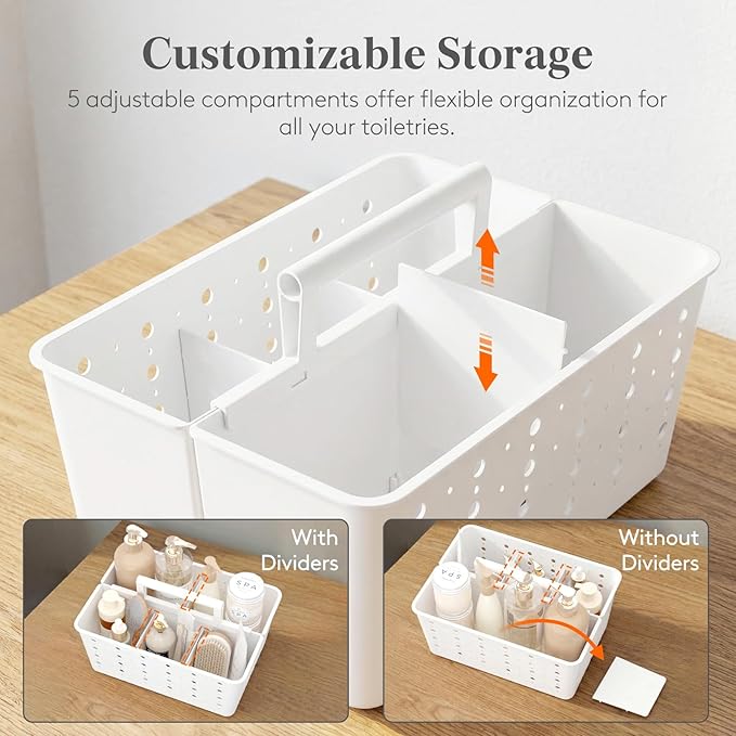 Lifewit Shower Caddy Portable, Cleaning Supplies Caddy Organizer with Handle and Adjustable Dividers, Plastic Shower Basket for Dorm Room Essentials, College, Bathroom, White, 1 Pack