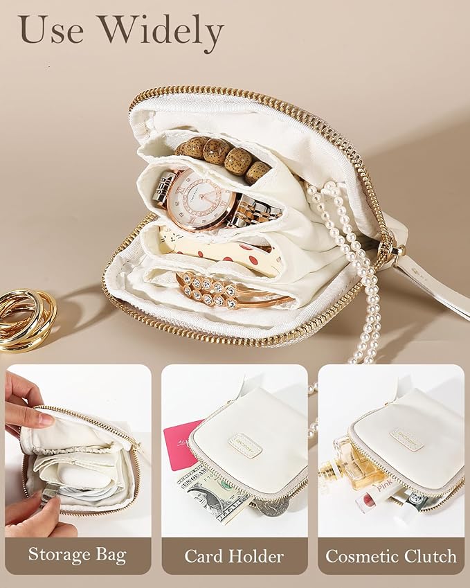 COOLYOUTH Travel Jewelry Case Organizer for Women Portable Jewelry Box with Small Pouches Mini Jewelry Bag for Rings, Bracelets, & Bangles with Smooth Metal Zipper (Ivory)