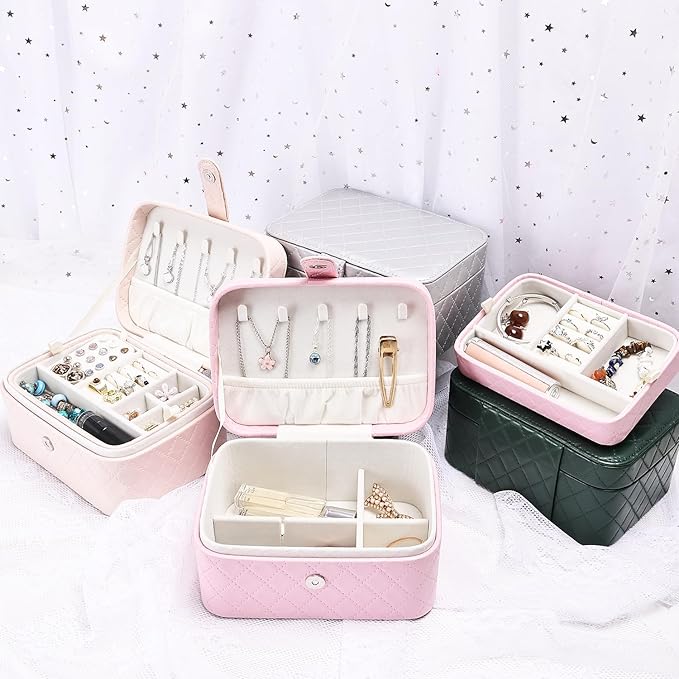 Jewelry Travel Case, 2-Layer Jewelry Box Organizer Medium Jewelry Travel Box, Portable Faux Leather Jewellery Storage Boxes with Argyle for Women, Daily Jewellery Case Home Use (Apricot beige)