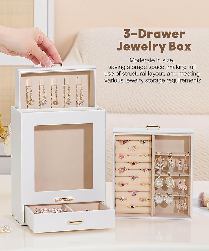Mothers Day Gifts Homde Jewelry Organizer Girls Women Jewelry Box for Necklaces Rings Earrings Gift Bracelets Storage Case (White + Gold)