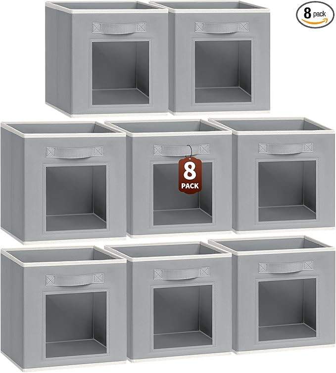 Homsorout Bins for Closet Organization - Cubby Storage Organizer with Window, Closet Baskets for Shelves, Folding Cubes for Storage, Storage Bins for Home, 11inch, Set of 8, Grey