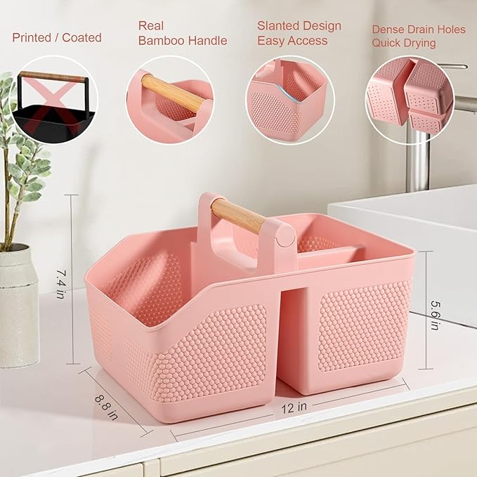 rejomiik Shower Caddy Portable with Bamboo Handle, Plastic Basket Cleaning Caddy Organizer Storage Tote for Bathroom, College, Dorm Room Essentials, Pink