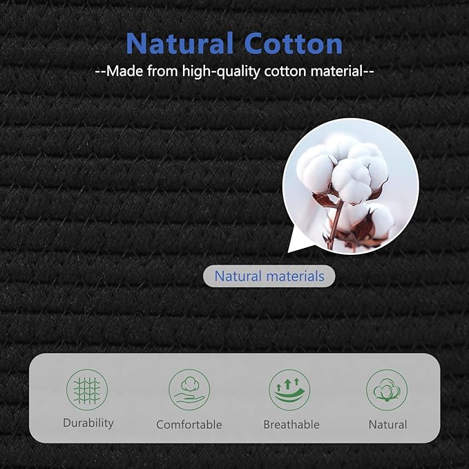 ECDYQXVU Cotton Rope Basket, Storage Baskets with Handle, 15x10x9 Inch Woven Basket for Shelves, Laundry, Towels, Clothes, Books (Black 1Pack)