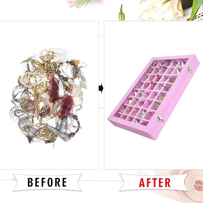 Siveit Velvet Jewelry Tray 48 Grid Jewelry Display Tray Organizer Box with Transparent Lid Rings Earrings Necklaces Pendants Display Box Suitable for Women and Girls (Pink)
