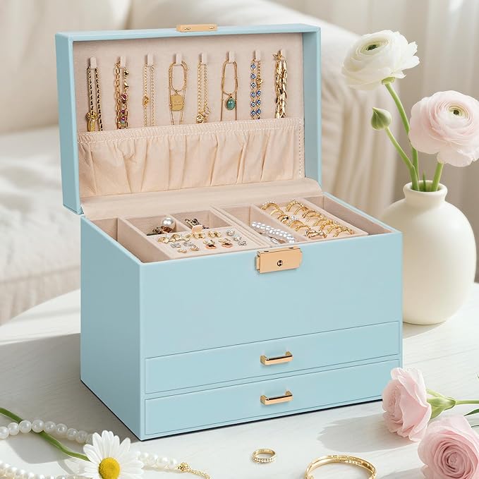 AKOZLIN Travel Jewelry Box Organizer Functional 2-trays Leather Jewelry Storage Case with Lockable Portable 2 Drawers for Women Girls Ring Necklace Earring Bracelet