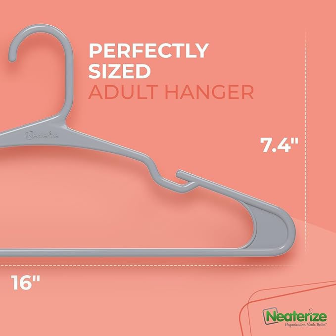 NEATERIZE Clothes Hangers Plastic 50 Pack for Adults - Plastic Hangers, The Perfect Coat Hanger and Space Saving Clothes Hangers for Closet, Percheros Ganchos para Colgar Ropa Hangars - Grey Hangers