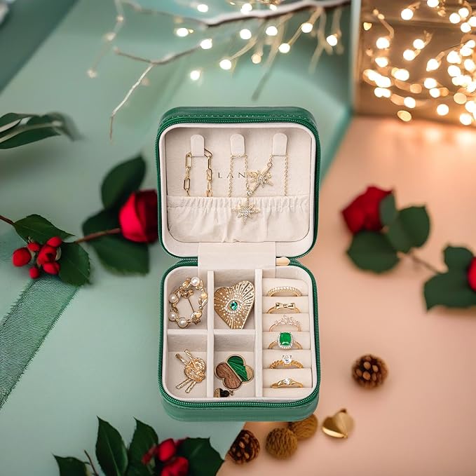 Vlando Small Travel Jewelry Box Organizer Display Storage Case for Girls Women Gift Rings Earrings Necklaces, Dark Green