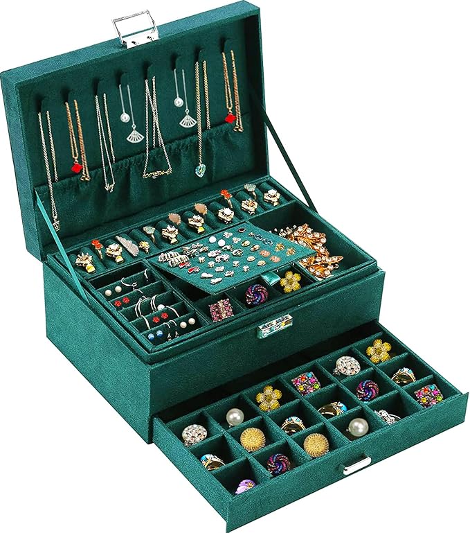 QBestry Jewelry Box for Women with Drawer, 3-Layer Large Jewelry Organizer with Lock & Key, 8 Necklace Hooks & 56 Earring Holes, Green Velvet Jewelry Storage Box for Necklaces Earrings Rings Bracelets
